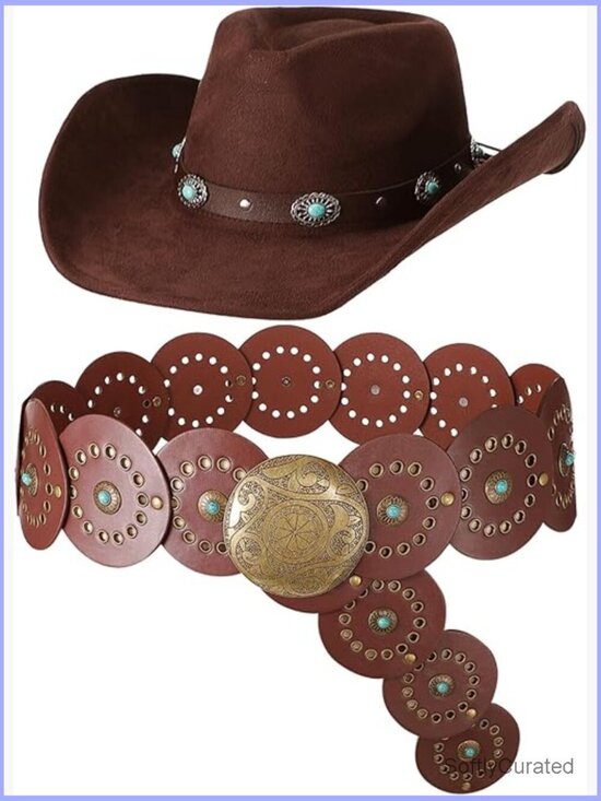 Wide Brim Cowgirl Hat & Belt Set - Suede PU Leather Western Costume main image 6